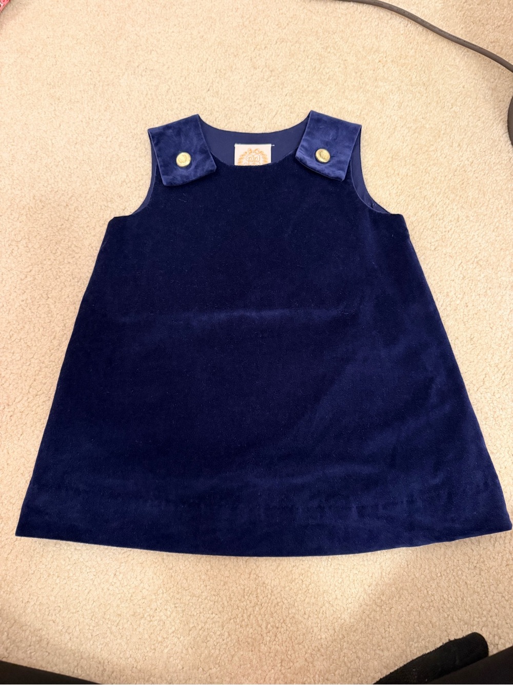 The Beaufort Bonnet Company Navy Velvet Pinafore Dress with Gold Buttons